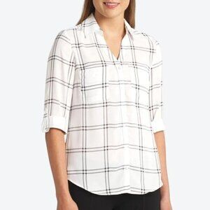 FORTUNE + IVY Christelle White & Black Plaid Button Down Blouse 3/4 Sleeve XL